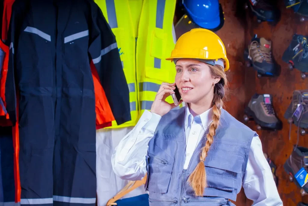 Femme au télephone sur un chantier
