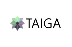 Logo de Taiga avec une forme géométrique multicolore et le nom en texte noir