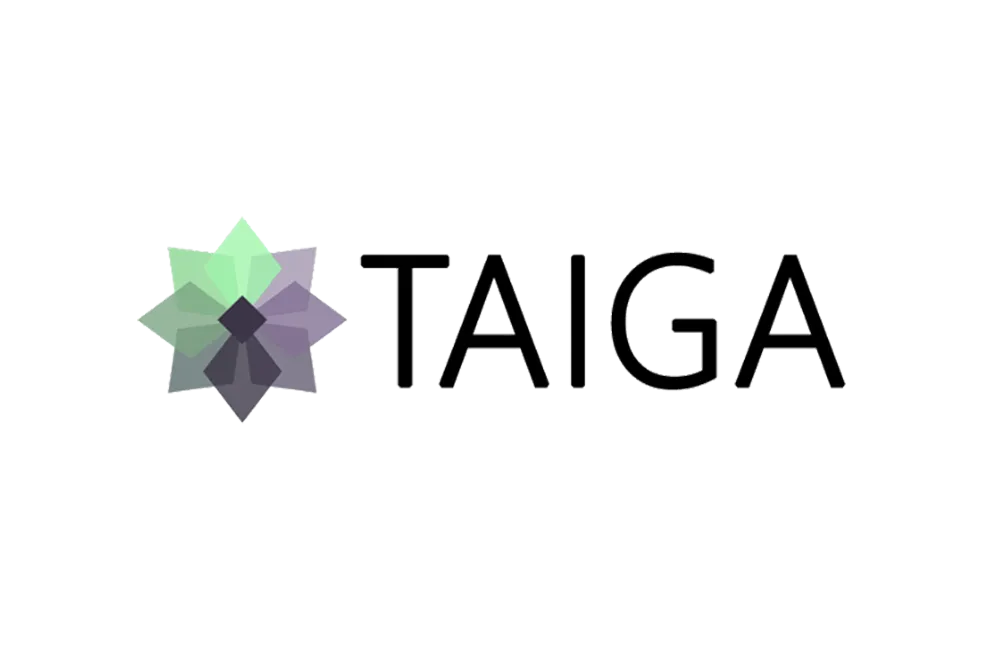 Logo de Taiga avec une forme géométrique multicolore et le nom en texte noir